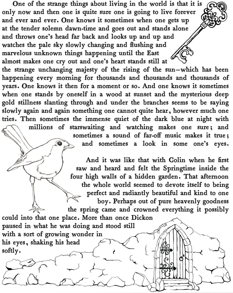 May include: Black and white illustration with text. The image features a key, a bird, and a stone doorway. The text describes a feeling of wonder and the beauty of nature. The style is reminiscent of a classic storybook.