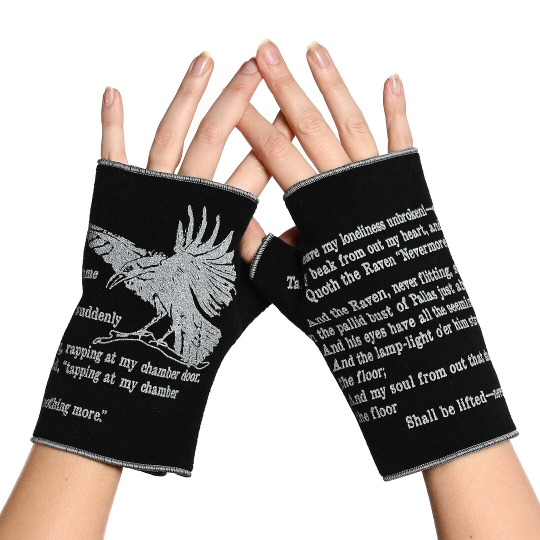 The Raven Fingerless Italian Wool Gloves Edgar Allan Poe, Black Gloves