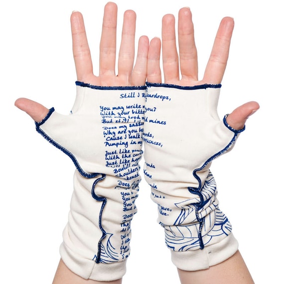 Hamlet Writing Gloves | White Print Fingerless Gloves