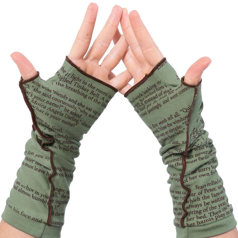 Peter Pan Writing Gloves Fingerless Gloves, Arm Warmers, J.M. Barrie, Graduation Gift, Back to School, Writer Gift, Booklover Gift image 3