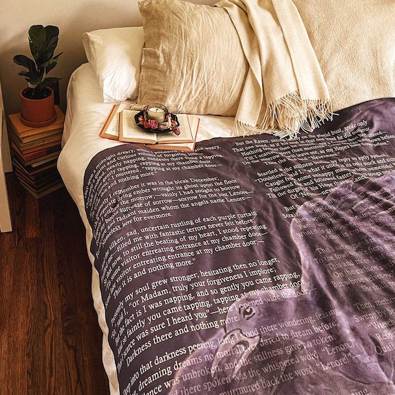 The Raven Sherpa Fleece Book Blanket - Edgar Allan Poe Throw, Literary Blanket, Poetry Blanket, Reader Gift, Writer Gift, Teacher Gift