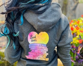 Book Lover Full Zip Hoodie - Bookish Zip Up, Grey or Cream Sweatshirt, Book Nerd & Book Lover Gift, Literature Gift, Colorful Graphic