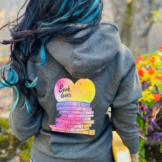 Book Lover Full Zip Hoodie – Colorful Books Graphic, Cotton Blend