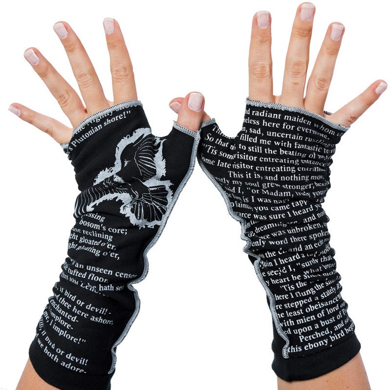 The Raven Writing Gloves - Fingerless Gloves Cotton, Arm Warmers, Edgar Allan Poe Gift, Graduation Gift, Booklover Gift, Back to School 