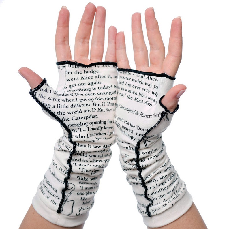 Alice in Wonderland Writing Gloves Fingerless Gloves, Arm Warmers, Lewis Caroll, Writer Gift, Booklover Gift, Graduation Gift, Literary image 5