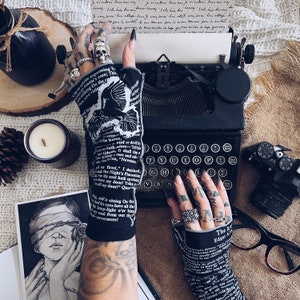 The Raven Writing Gloves Fingerless Gloves Cotton, Arm Warmers, Edgar Allan Poe Gift, Graduation Gift, Booklover Gift, Back to School image 2