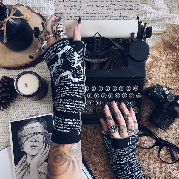 The Raven Writing Gloves - Book Lover Gift, Fingerless Arm Warmers, Edgar Allan Poe Gift, Graduation