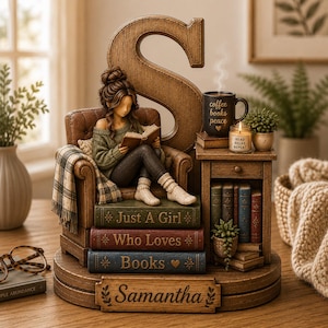 May include: A decorative figurine featuring a person reading in a brown armchair set against a large letter S. The base includes books titled Just A Girl, Who Loves, Books, and a nameplate reading Samantha. A mug and candle sit on a side table.