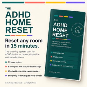 Op de afbeelding: Een digitale gids getiteld The ADHD Home Reset, met een donkergroene omslag, witte tekst en een huisicoon. De gids bevat een systeem van 57 pagina's, 8 kamerplannen, 15 printbare hulpmiddelen en een noodprotocol van 30 minuten voor schoonmaak.