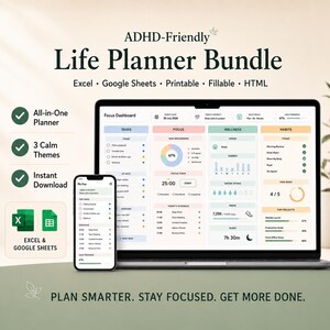 Op de afbeelding: Een ADHD-Friendly Life Planner Bundle weergegeven op een laptop- en smartphonescherm. De interface bevat een Focus Dashboard met secties voor taken, welzijn en gewoonten in pastelkleuren. De tekst bevat "ADHD-Friendly Life Planner Bundle" en "PLAN SMARTER. STAY FOCUSED. GET MORE DONE."