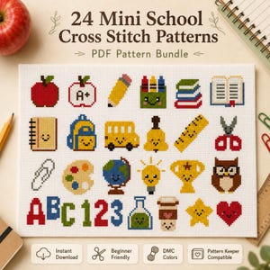 May include: A collection of 24 mini school-themed cross stitch patterns displayed on white fabric. The grid features icons including an apple, pencil, crayons, books, backpack, school bus, bell, ruler, scissors, globe, lightbulb, trophy, owl, and letters.