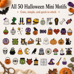 May include: A collection of 50 cross-stitch Halloween mini motifs arranged on a grid. The designs include ghosts, pumpkins, skulls, a black cat, a witch hat, a broom, a haunted house, and various spooky icons with the text All 50 Halloween Mini Motifs.