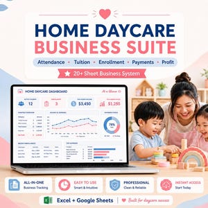Home Daycare Business Spreadsheet, Childcare Attendance, Billing, Expenses, Payroll and Profit Tracker