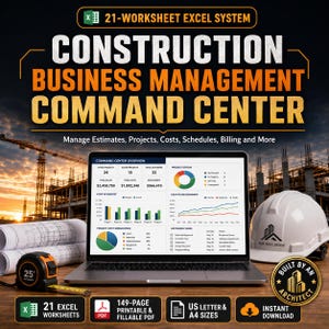 May include: A digital construction business management system featuring 21 Excel worksheets. The display shows a laptop with project status charts, cost breakdowns, and cash flow summaries, alongside a white hard hat and a 25-foot measuring tape.