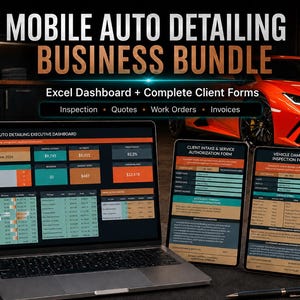 Op de afbeelding: Een zakelijk pakket voor mobiele autoreiniging met een Excel-dashboard op een laptop en digitale klantformulieren op twee tablets. De tekst luidt Mobile Auto Detailing Business Bundle, Excel Dashboard, Complete Client Forms, Inspection, Quotes, Work Orders en Invoices.