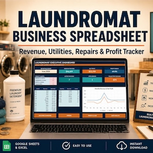 Laundromat Business Spreadsheet | Machine Revenue, Wash & Fold, Repairs, Utilities and Profit Tracker