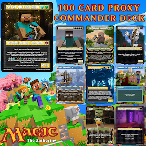 May include: A 100-card proxy Commander deck featuring custom Magic: The Gathering style cards with Minecraft-themed artwork. The cards display various characters, landscapes, and game mechanics, including Steve, village scenes, and nether portals, with text.