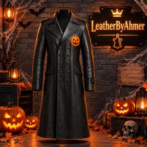 メンズ ブラック レザー トレンチコート、ハロウィン カボチャ畑柄のロング ゴシック オーバーコート