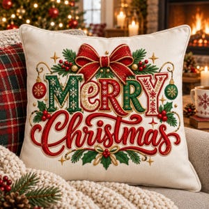 May include: A square off-white throw pillow featuring the text Merry Christmas in red and green decorative lettering. The design includes a large red bow at the top, green pine branches, red holly berries, and two hanging Christmas ornaments.