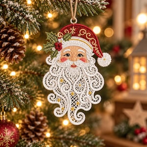 May include: A Santa Claus Christmas ornament featuring intricate white lace embroidery for the beard and mustache, a red hat with gold filigree details, and a green holly sprig with red berries. The ornament hangs from a simple twine loop.