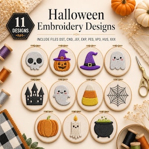 May include: Eleven Halloween embroidery designs displayed in circular wooden hoops. The collection features a skull, jack-o'-lantern, witch hat, ghosts, haunted house, candy corn, spider web, pumpkin, candle, and cauldron. Includes file formats DST, CND, JEF, EXP, PES, VP3, HUS, XXX.