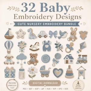 May include: A digital collection of 32 baby embroidery designs featuring blue and tan icons including a sailboat, star, dinosaur, car, bow, bird, rabbit, onesie, hot air balloon, flowers, rocking horse, overalls, leaves, pacifier, kite, sheep, cloud, bear, button, rattle, house, train, gift, bottle, daisy, carriage, heart, stacking rings, and banner.