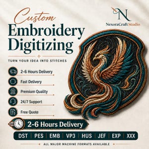 Peut inclure: Service de numérisation de broderie personnalisée avec un emblème de phénix aux points bleu sarcelle, or et noir. Le texte inclut Custom Embroidery Digitizing, Turn Your Idea Into Stitches, 2-6 Hours Delivery et les formats DST, PES, EMB, VP3, HUS, JEF, EXP, XXX.