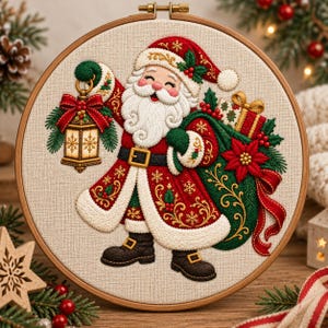 Op de afbeelding: Een ronde borduurring met een gedetailleerd gestikt ontwerp van de Kerstman in een rode jas met witte rand, die in de ene hand een verlichte lantaarn vasthoudt en in de andere een groene zak vol cadeaus en kerststerren draagt.