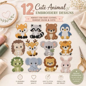 Könnte beinhalten: Eine digitale Sammlung von 12 niedlichen Tier-Stickmustern mit Fuchs, Waschbär, Bär, Pinguin, Igel, Reh, Koala, Tiger, Triceratops, Elefant, Löwe und Hase. Der Text lautet 12 Cute Animal EMBROIDERY DESIGNS.