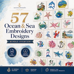 Può includere: Una panoramica di un pacchetto digitale con 57 disegni da ricamo a tema oceano e mare. L'immagine mostra varie illustrazioni colorate di vita marina, tra cui delfini, pesci, granchi, aragoste, conchiglie e un faro, insieme al testo 57 Ocean & Sea Embroidery Designs.