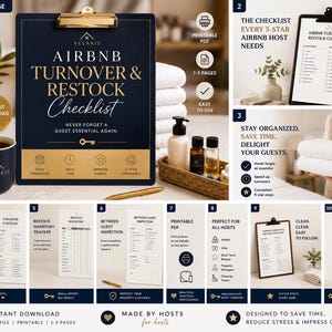 May include: A digital Airbnb turnover and restock checklist template featuring a dark blue clipboard with gold text, including sections for inventory tracking, guest inspections, and cleaning tasks, presented as a printable PDF for property hosts.