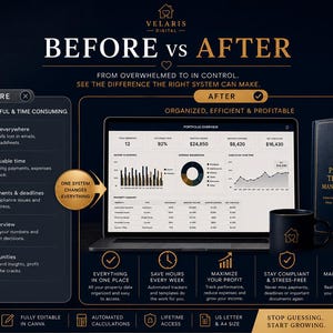 Pu&ograve; includere: Una grafica di marketing digitale intitolata BEFORE vs AFTER che mostra un computer portatile con una dashboard per la gestione di affitti, un raccoglitore etichettato RENTAL PROPERTY TRACKER & MANAGEMENT KIT e due tazze nere su sfondo blu scuro.