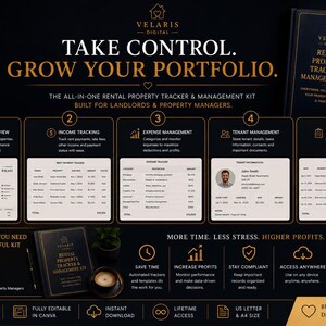 Pu&ograve; includere: Un kit digitale per il monitoraggio e la gestione di propriet&agrave; in affitto con cinque sezioni: panoramica propriet&agrave;, tracciamento entrate, gestione spese, gestione inquilini e registro manutenzione. Layout nero e oro con testi e tabelle.