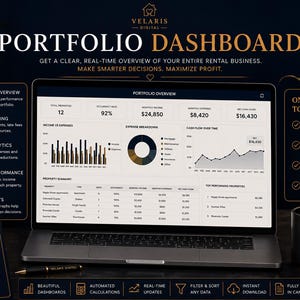 Pu&ograve; includere: Una dashboard di portafoglio digitale visualizzata su uno schermo di un computer portatile, con grafici finanziari, riepiloghi delle propriet&agrave; e metriche di monitoraggio del reddito. L'interfaccia include etichette come Portfolio Overview e Net Cash Flow.