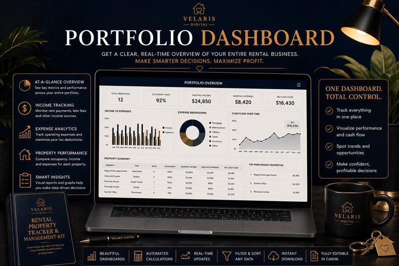 Pu&ograve; includere: Una dashboard di portafoglio digitale visualizzata su uno schermo di un computer portatile, con grafici finanziari, riepiloghi delle propriet&agrave; e metriche di monitoraggio del reddito. L'interfaccia include etichette come Portfolio Overview e Net Cash Flow.