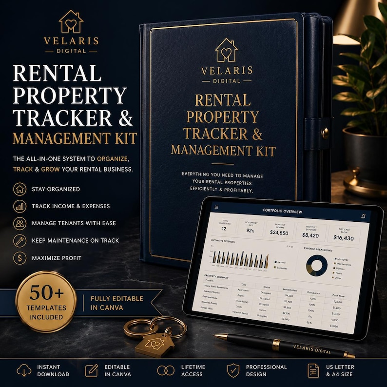 Pu&ograve; includere: Un raccoglitore blu scuro con scritte dorate intitolato Rental Property Tracker & Management Kit, accompagnato da un tablet che mostra una dashboard di portafoglio, una penna dorata e un portachiavi a forma di casa su marmo scuro.
