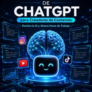 May include: A digital graphic featuring a central blue glowing brain above a smiling robot head, surrounded by floating text boxes with prompts for content creators, social media icons, and text reading PROMPTS DE CHATGPT para Creadores de Contenido.