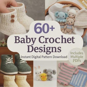 May include: A collection of crochet baby items including cream-coloured booties with brown buttons, olive green booties with white laces, and various amigurumi toys like an elephant, sheep, bear, rabbit, and duck, plus a striped onesie and blanket.