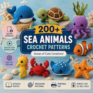 Pacote com mais de 200 padrões de crochê de criaturas marinhas: mais de 180 amigurumis de animais do oceano em PDF.