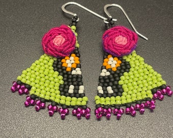 Day of the Dead Earrings Hand Beaded Mini Dangle Demi-Calaveras Half Skull Earrings