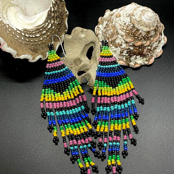 Mexican-Style Hand Beaded Dangle Earrings La Playa Serape