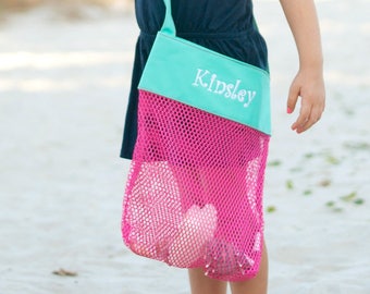 Monogrammed Mesh Tote Bag, Personalized Sea Shell Bag, Beach Accessories, Custom Shell Bag, Monogram Mesh Shell Bag, Flower Girl Gifts
