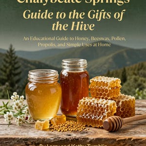 Op de afbeelding: Een boekomslag getiteld Chalybeate Springs Guide to the Gifts of the Hive door Larry en Kathy Tumblin. De afbeelding toont twee glazen potten met honing, stukjes honingraat, gele stuifmeelkorrels en een houten honingdruppelaar op een tafel.