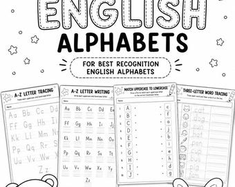 May include: A set of 7 black and white English alphabet worksheets featuring letter tracing, writing, and matching exercises. The pages include illustrations of a bear and a rabbit reading, plus stars and a pencil. Text includes 7 WORKSHEETS FOR BEST PRACTICE ENGLISH ALPHABETS.