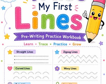 May include: A pre-writing practice workbook titled Trace My First Lines featuring a cartoon pencil, sun, rainbow, and clouds. The page includes tracing exercises for straight, zigzag, curved, wavy, spiral, loop, circle, and mix lines with colorful icons.