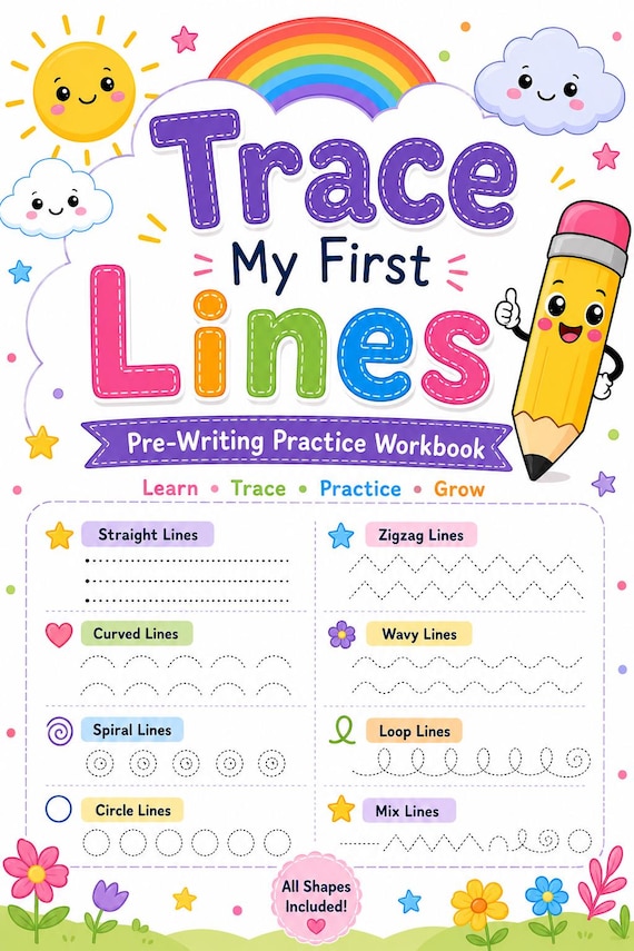 Tracing Lines & Shapes Workbook | Pre-Writing Practice | Fine Motor Skills | Kindergarten Worksheets | Homeschool Activity