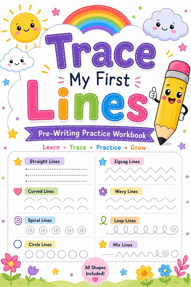 May include: A pre-writing practice workbook titled Trace My First Lines featuring a cartoon pencil, sun, rainbow, and clouds. The page includes tracing exercises for straight, zigzag, curved, wavy, spiral, loop, circle, and mix lines with colorful icons.