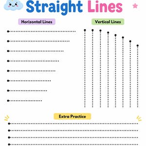 May include: An educational worksheet titled Trace Straight Lines featuring dotted horizontal and vertical lines for practice. The page includes a cartoon sun, a smiling cloud, and a yellow pencil character with a pink eraser at the bottom.