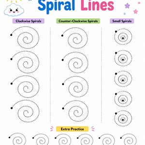 May include: A worksheet titled Trace Spiral Lines featuring columns for Clockwise Spirals, Counter-Clockwise Spirals, and Small Spirals. The page includes a cartoon sun, clouds, stars, and a yellow pencil with a face at the bottom for extra practice.