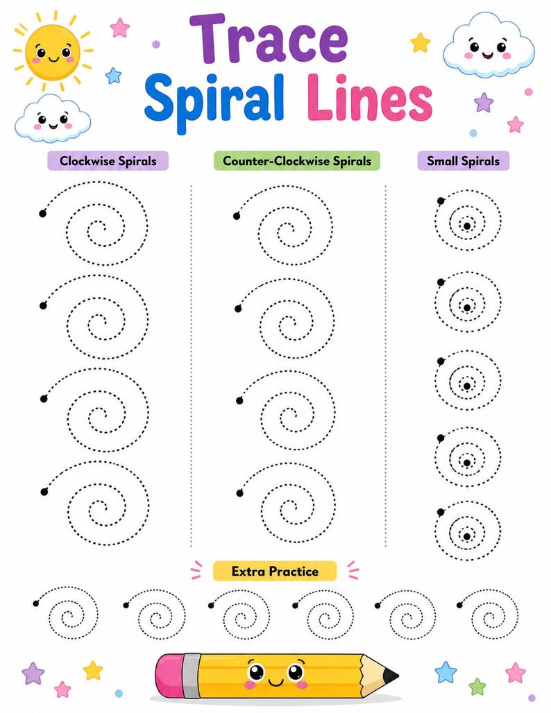 May include: A worksheet titled Trace Spiral Lines featuring columns for Clockwise Spirals, Counter-Clockwise Spirals, and Small Spirals. The page includes a cartoon sun, clouds, stars, and a yellow pencil with a face at the bottom for extra practice.